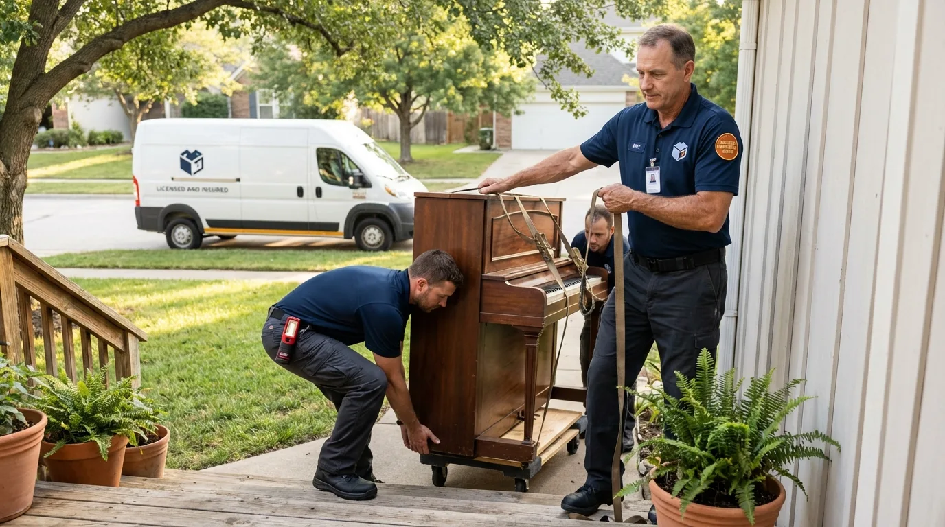 Licensed piano movers securing grand piano in Alamo, NV