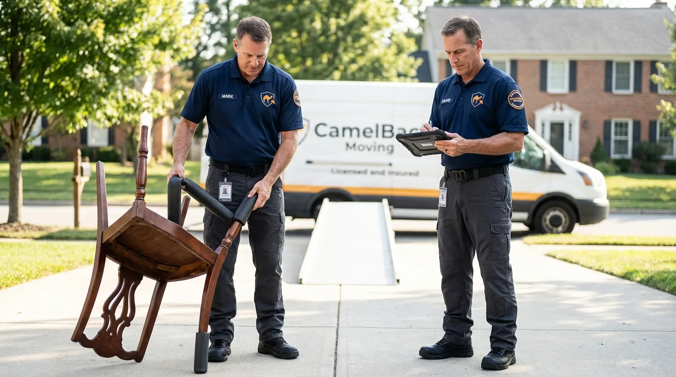 Movers inspecting furniture for damage prevention before loading in Alamo, NV