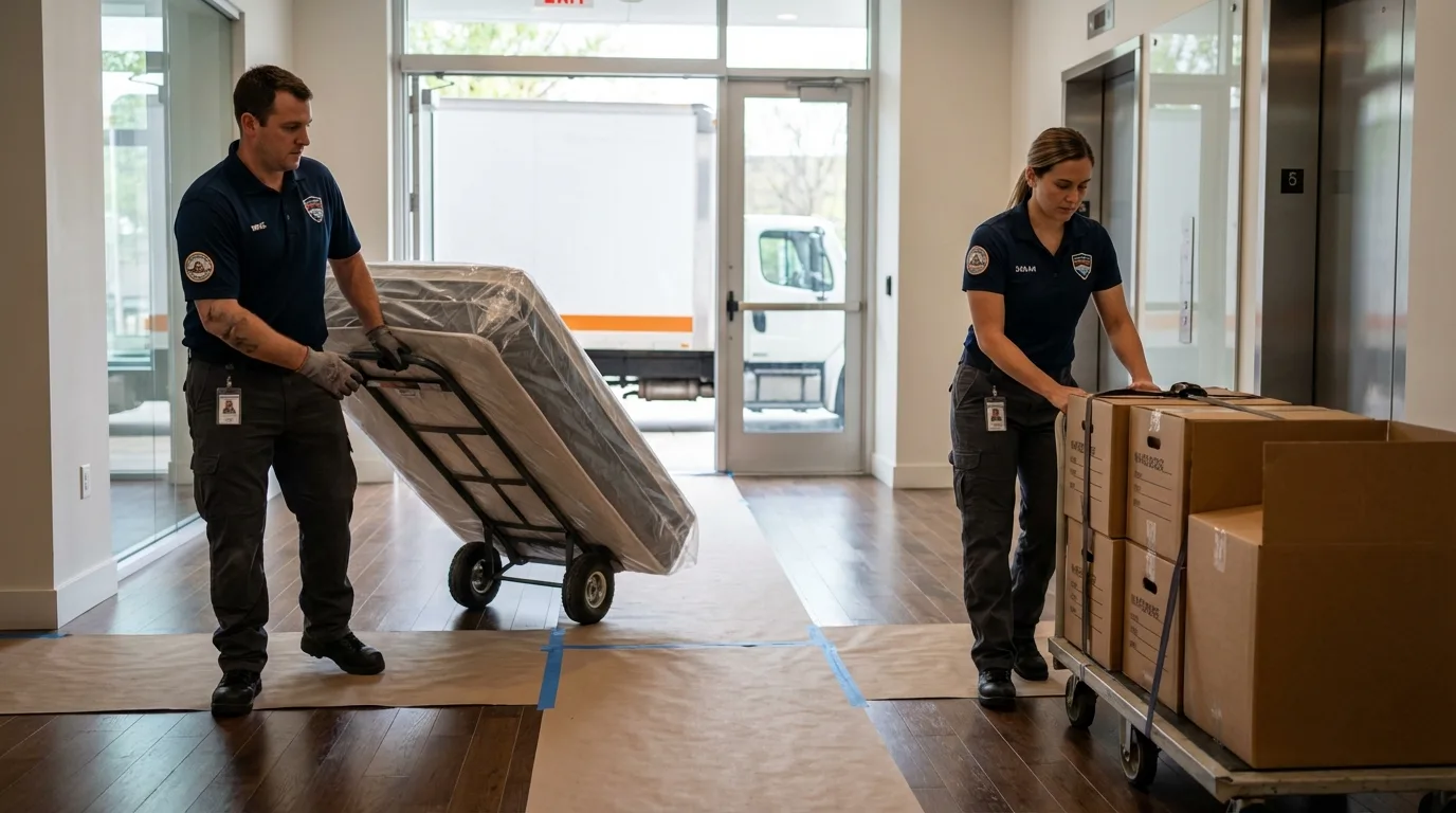 Professional apartment movers loading elevator in Alamo, NV