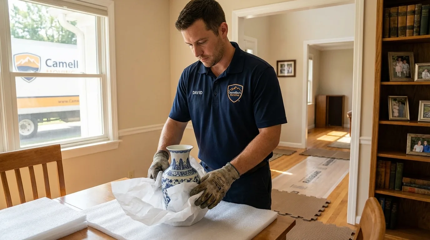 Professional crew carefully wrapping antique vase for senior downsizing move in Alamo, NV